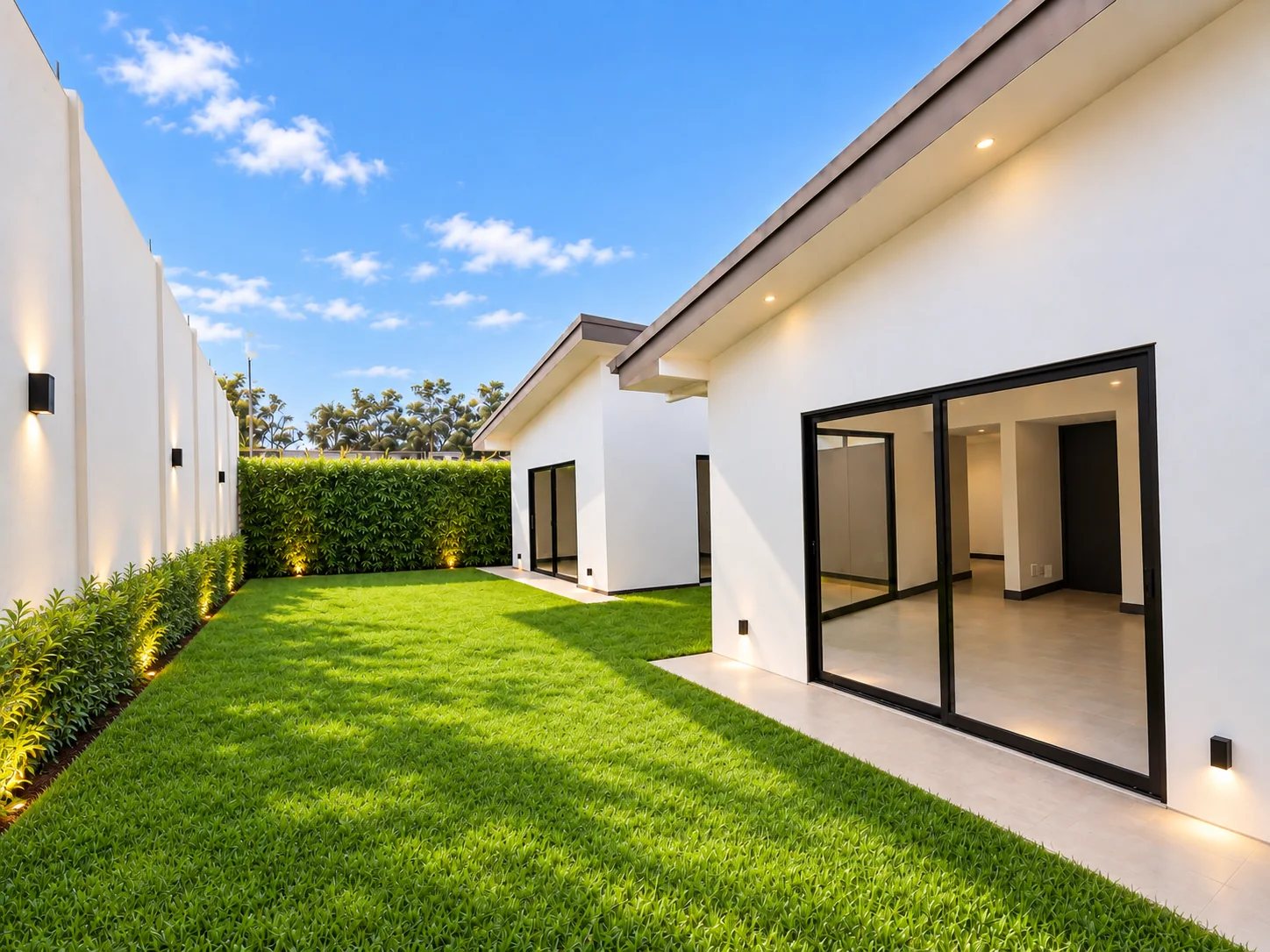 Conexión lateral, patio y ventanales de residencia de una planta